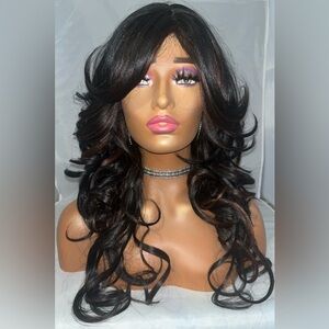 Glam Luxe Layered Curls Wig – Long Synthetic with Soft Wine Highlights